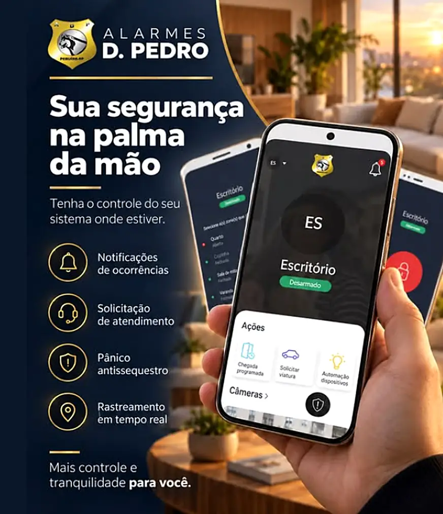 Aplicativo no celular com notificações, solicitação de atendimento, pânico e rastreamento