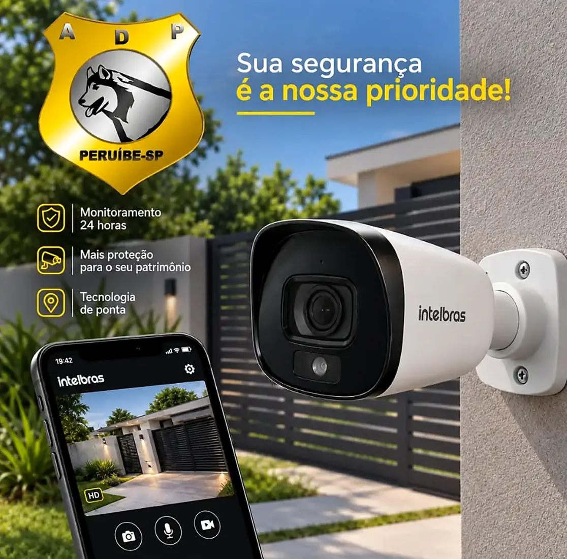 Câmera bullet Intelbras instalada em muro, com imagem ao vivo no celular