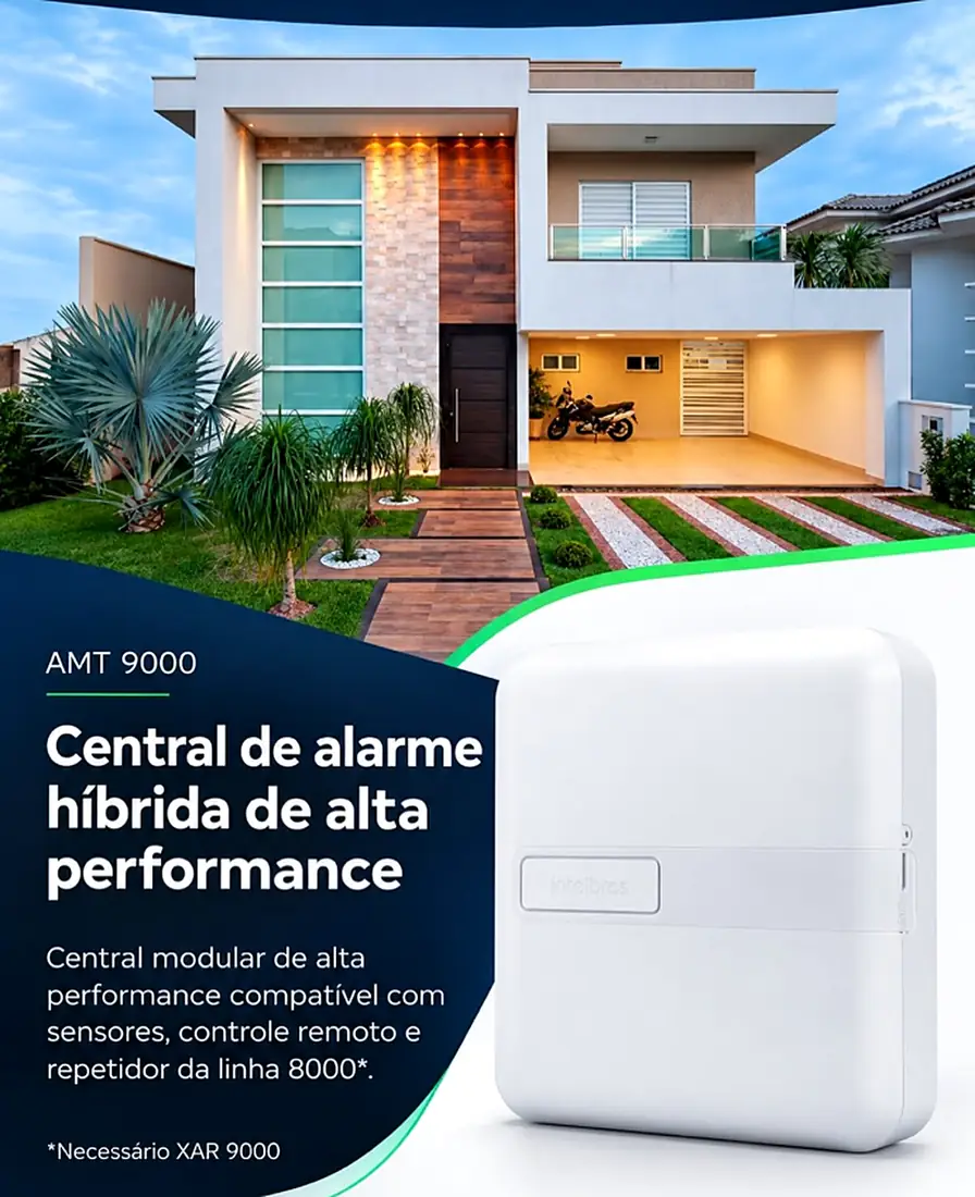Central de alarme Intelbras AMT 9000 em frente a uma casa moderna