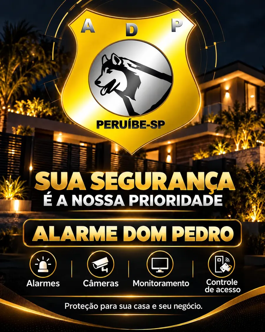 Cartaz da Alarmes Dom Pedro: sua segurança é a nossa prioridade. Alarmes, câmeras, monitoramento e controle de acesso. Proteção para sua casa e seu negócio.